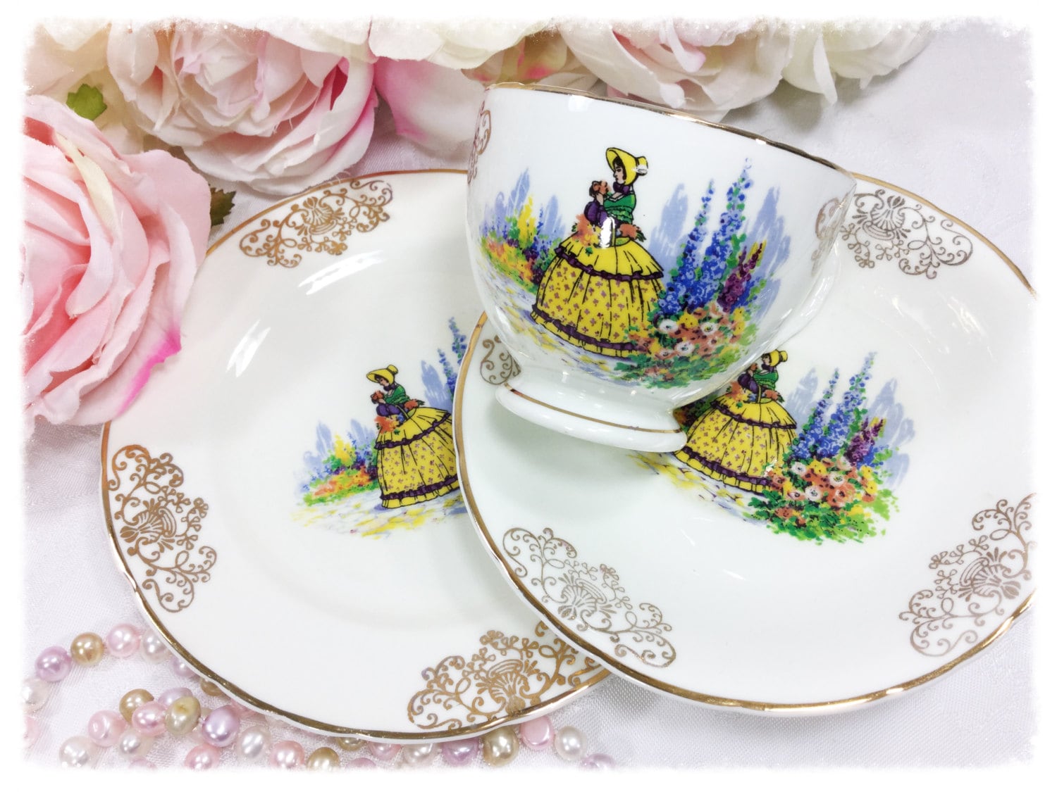 Crinoline Lady Gold Filigree 3 Pc. Tea Set Trio, Teacup Saucer