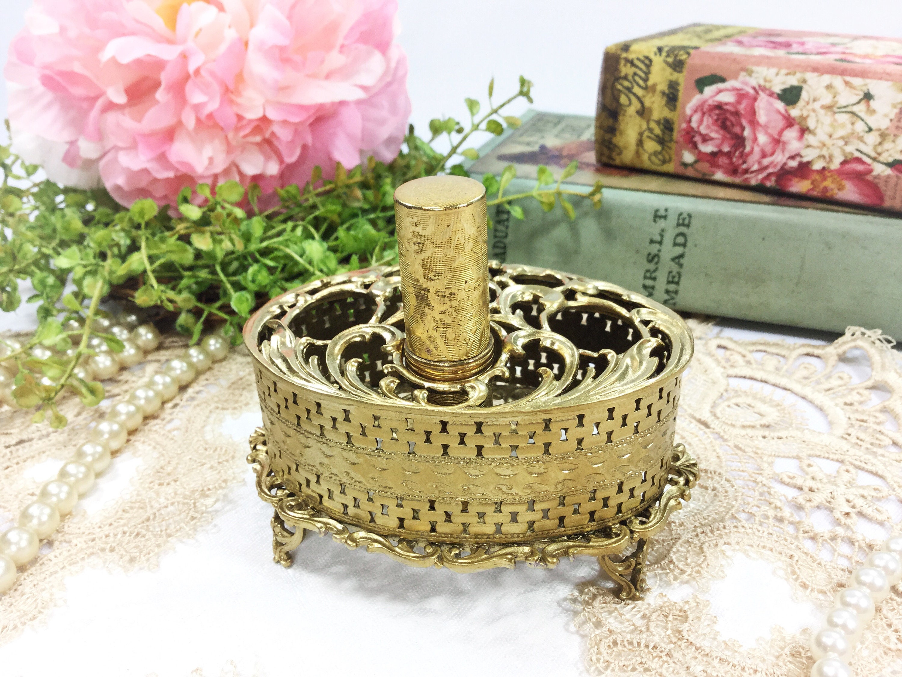 Gold Ormolu Lipstick Holder, Gold Ormolu Lipstick Organizer, Gold Brush