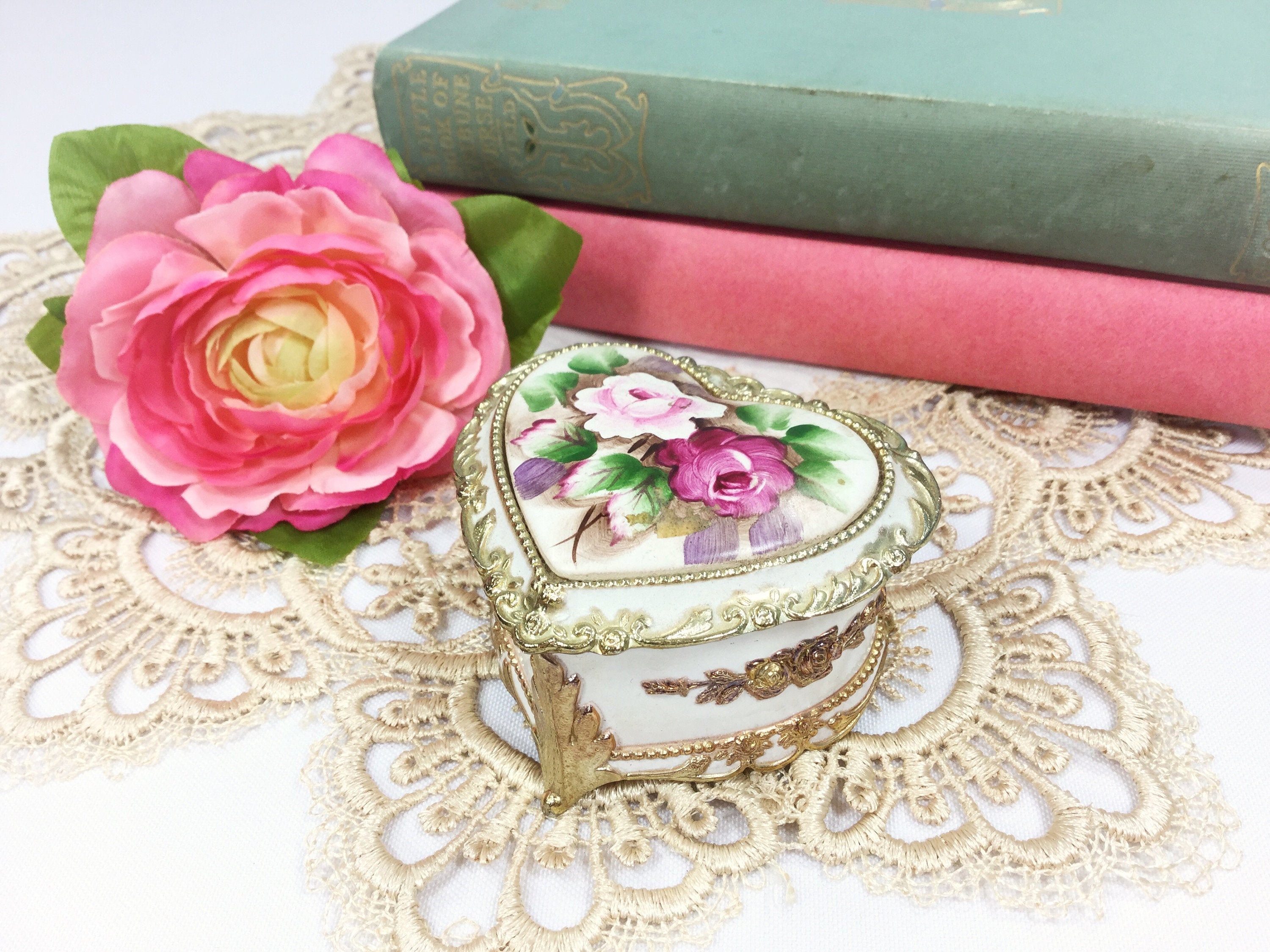 Floral Heart Musical Trinket Box W/ Gold Accents, Heart Jewlery Box