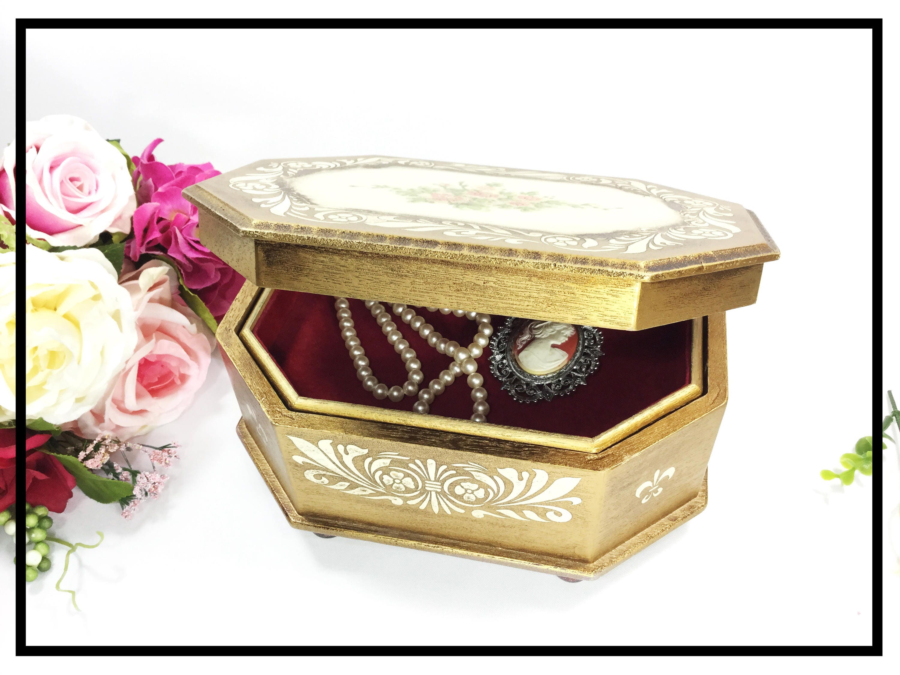 Handpainted Gold Florentine Floral Jewelry Box, Florentine Jewelry Box