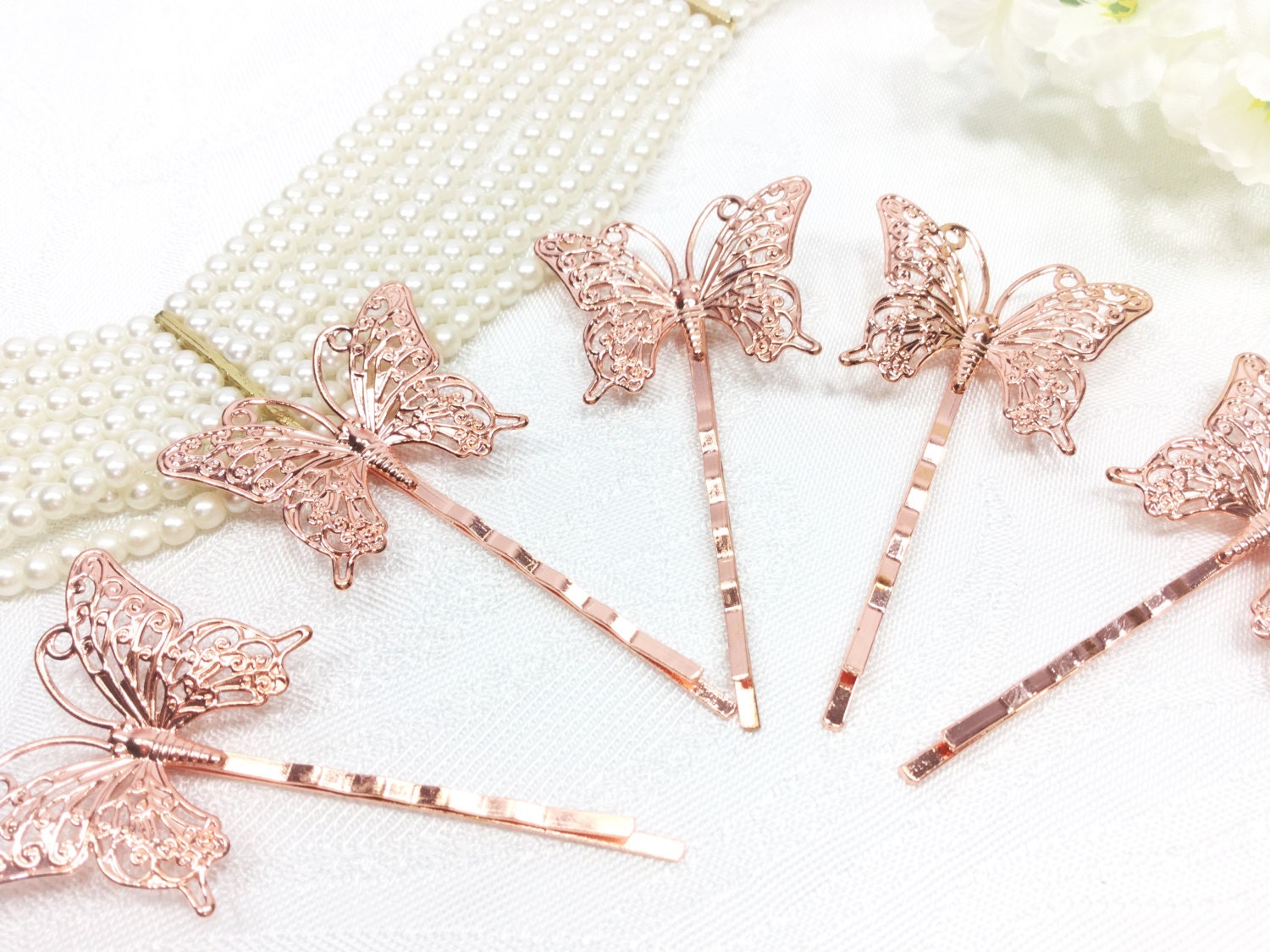 5 Pc. Rose Gold Butterfly Hair Clips, Bobby Pins, Barrette, Vintage