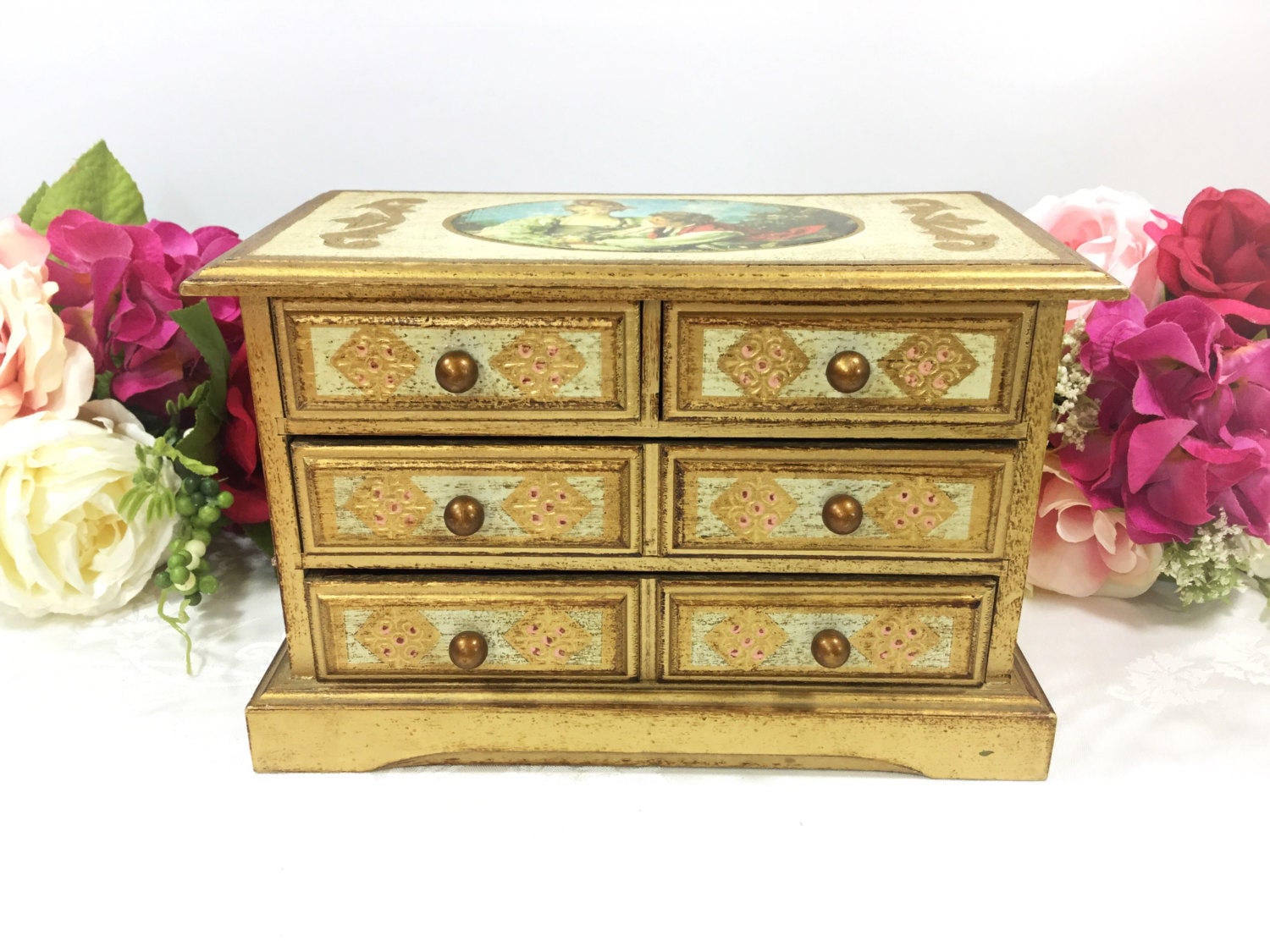 Large Florentine Portrait Jewelry Box, Victorian Style Jewelry Box