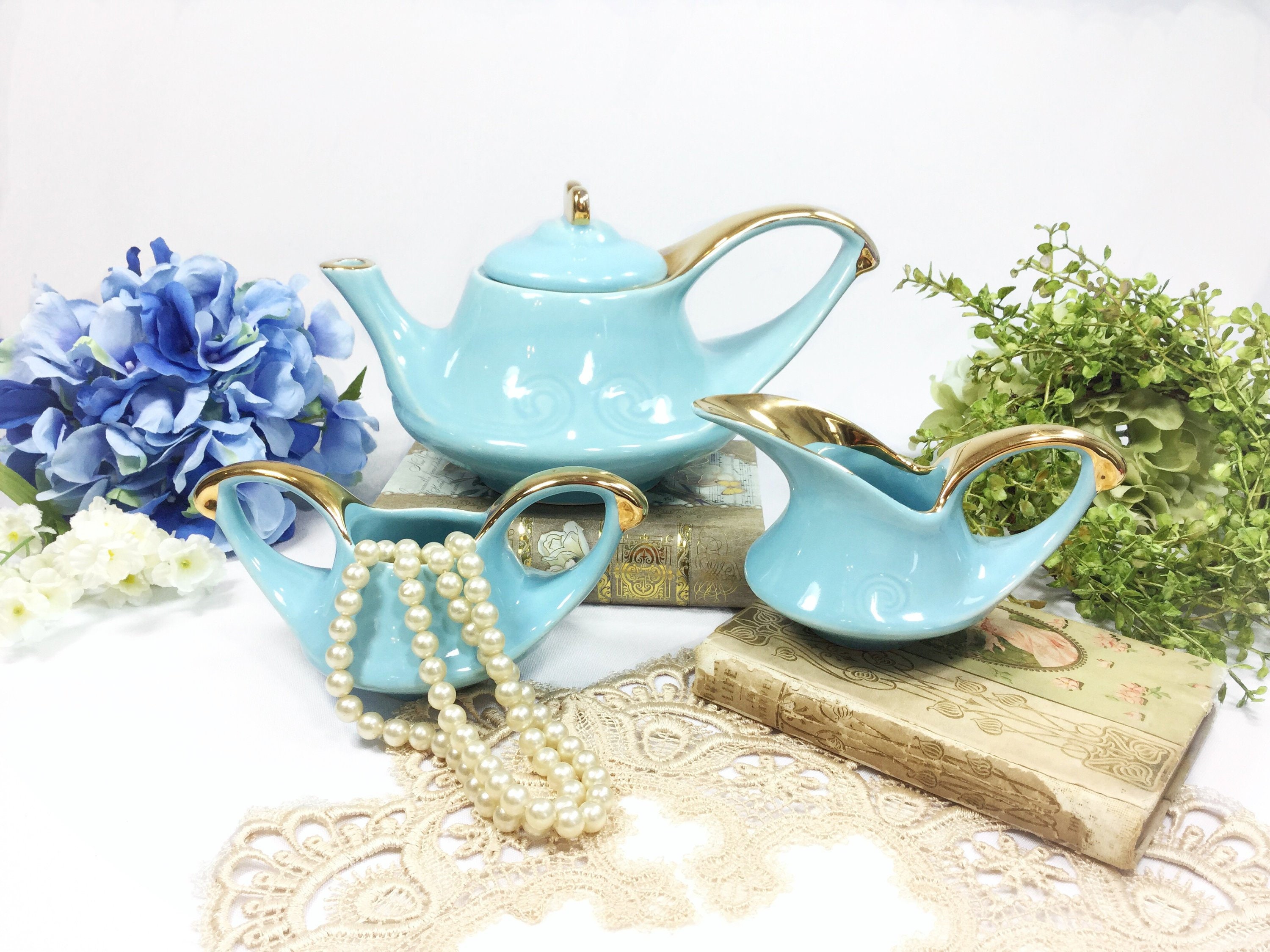 Blue China Pearl Co. Teapot Set, 22 Kt China Pearl 3 Piece Set, Blue Teapot For Tea Party