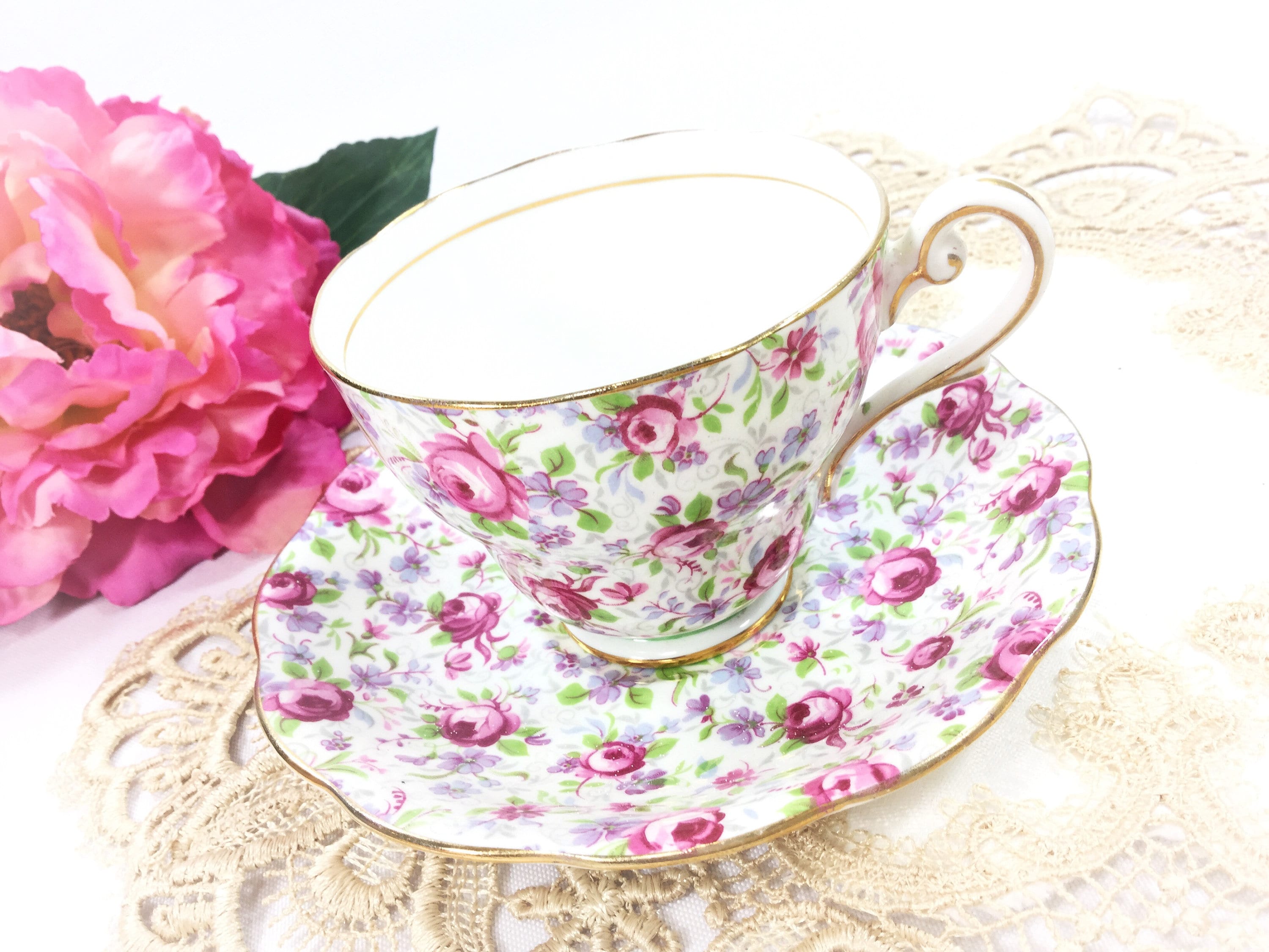Royal Standard Chintz Teacup and Saucer, Keepsake Fine Bone China