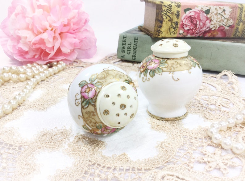 Romantic Setting #B386 Antique Japan Nippon Moriage Salt Pepper Shakers Gold Gilt Formal Silver Salt and Pepper Shaker Formal Dinner