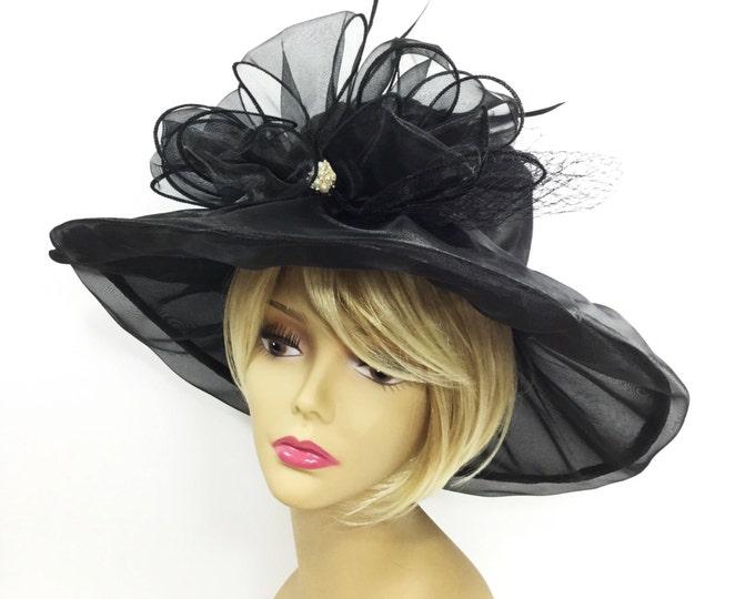 Elegant Ladies Sheer Black Ribbon Tea Party Hat, Summer Hat, Dress Up Hat, Headpiece For Weddings, Dress up, Bridal Showers, Tea time #A751