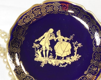 Vintage Limoges Cobalt Blue Trinket Dish, Victorian Couple, Gold Ornate Plate #432