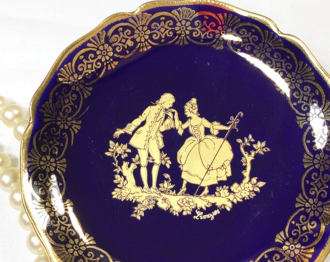 Vintage Victorian Couple Love Story Cobalt Blue & Gold Ornate Pin Dish Trinket Plate Trinket Holder Gift, Boudoir #432