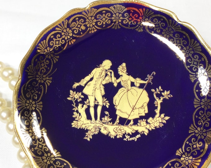 Vintage Limoges Cobalt Blue Trinket Dish, Victorian Couple, Gold Ornate Plate #432