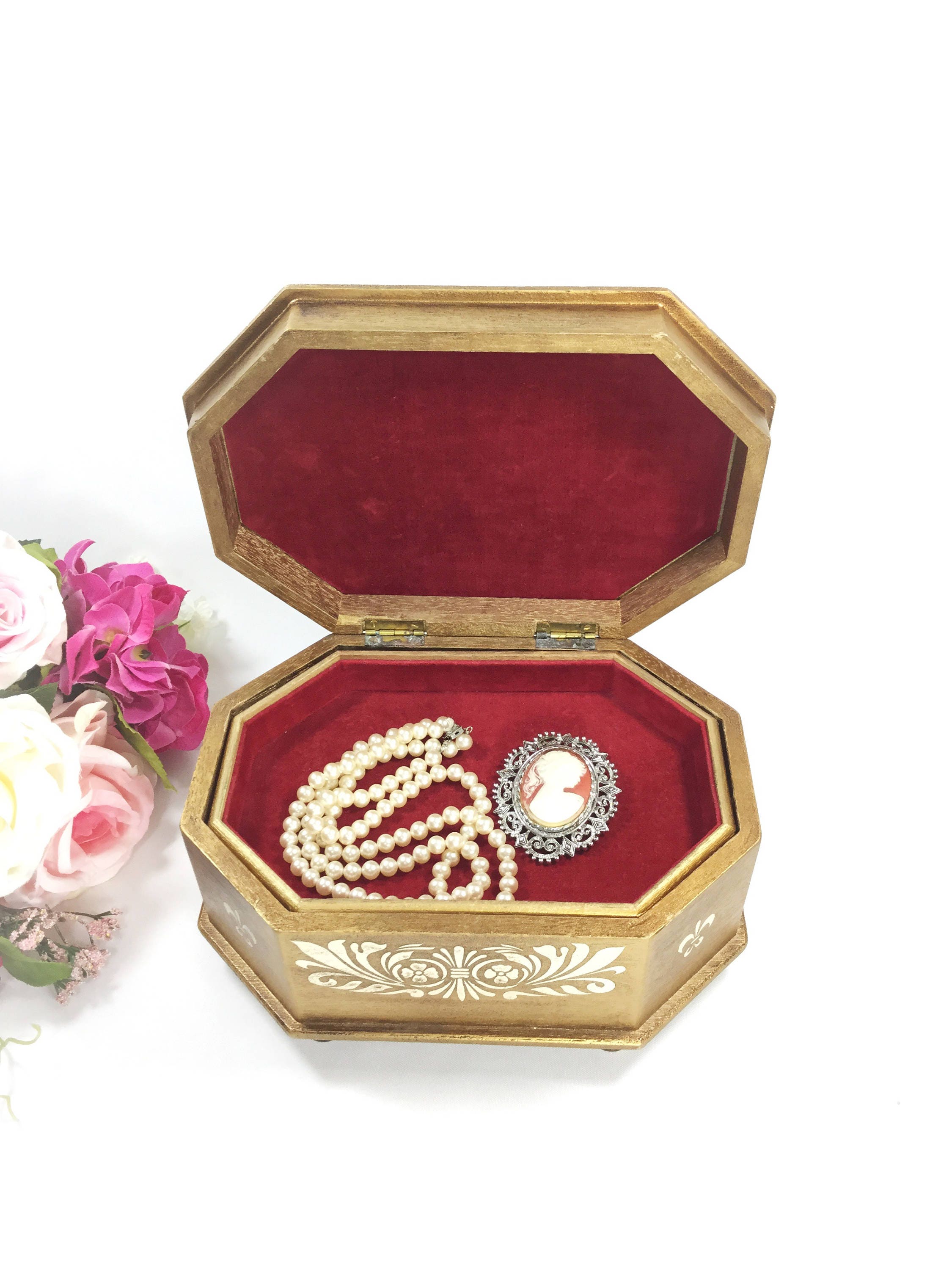 Handpainted Gold Florentine Floral Jewelry Box, Florentine Jewelry Box, Gold Jewelry Box, Gift A988