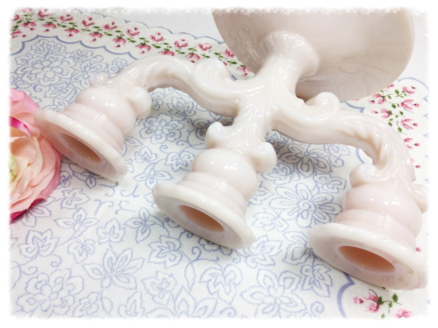 Cambridge Crown Tuscan Triple Pink Milk Glass Candelabra, 3 Arm Candle