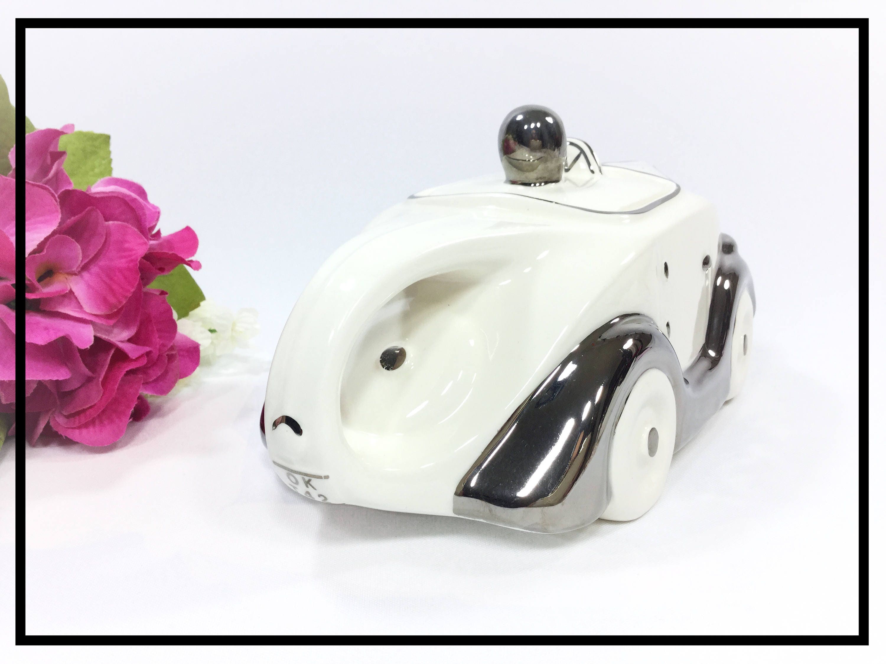 Ecru Racing Car Teapot, Art Deco Car Teapot, Collectible Sarsaparilla