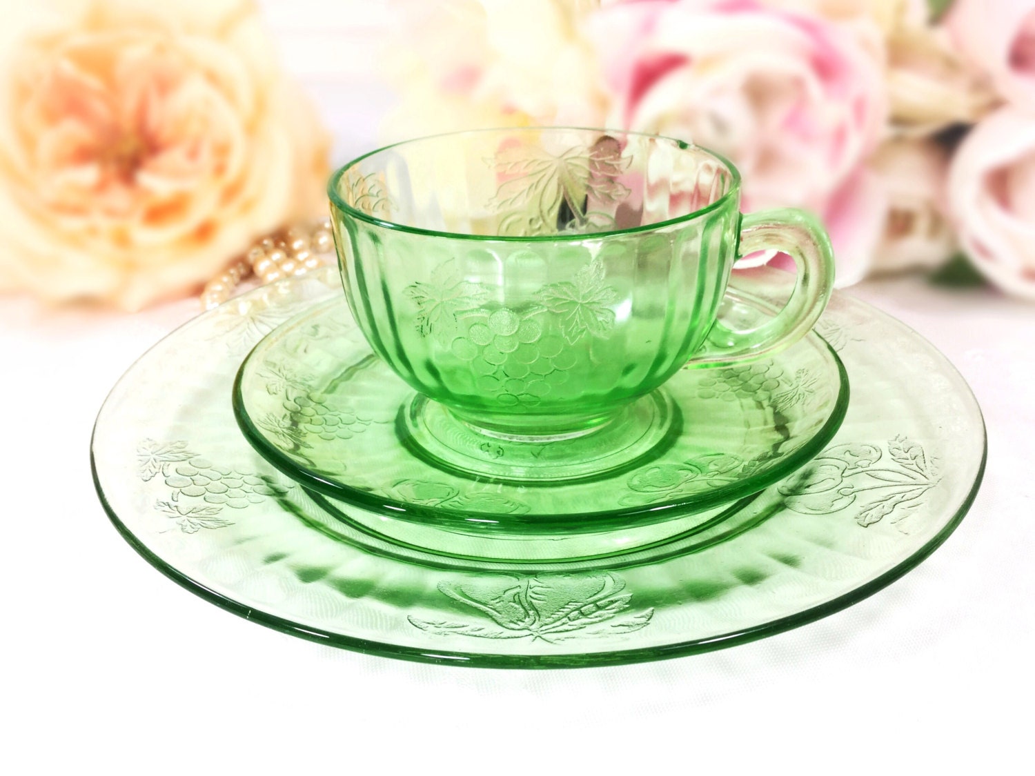 Green Depression Glass Trio, Green Depression Glass Tea Set, Depression Tea  Cup, Saucer, Plate for Tea Time, Tea Party #A623