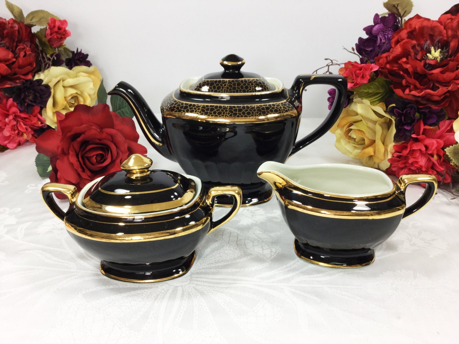 Elegant Vintage Black and Gold Hall Teapot Creamer & Covered Sugar Bowl