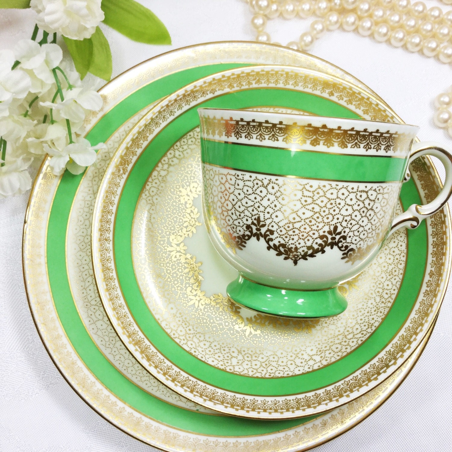 Crinoline Lady Gold Filigree 3 Pc. Tea Set Trio, Teacup Saucer