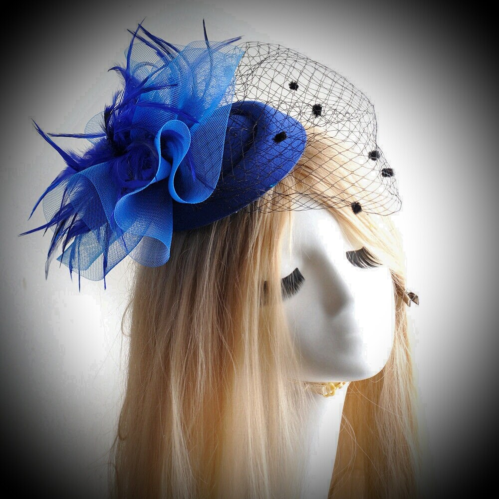 Stunning Royal Blue & Black Feather Fascinator Hair Clip Pillbox Hat
