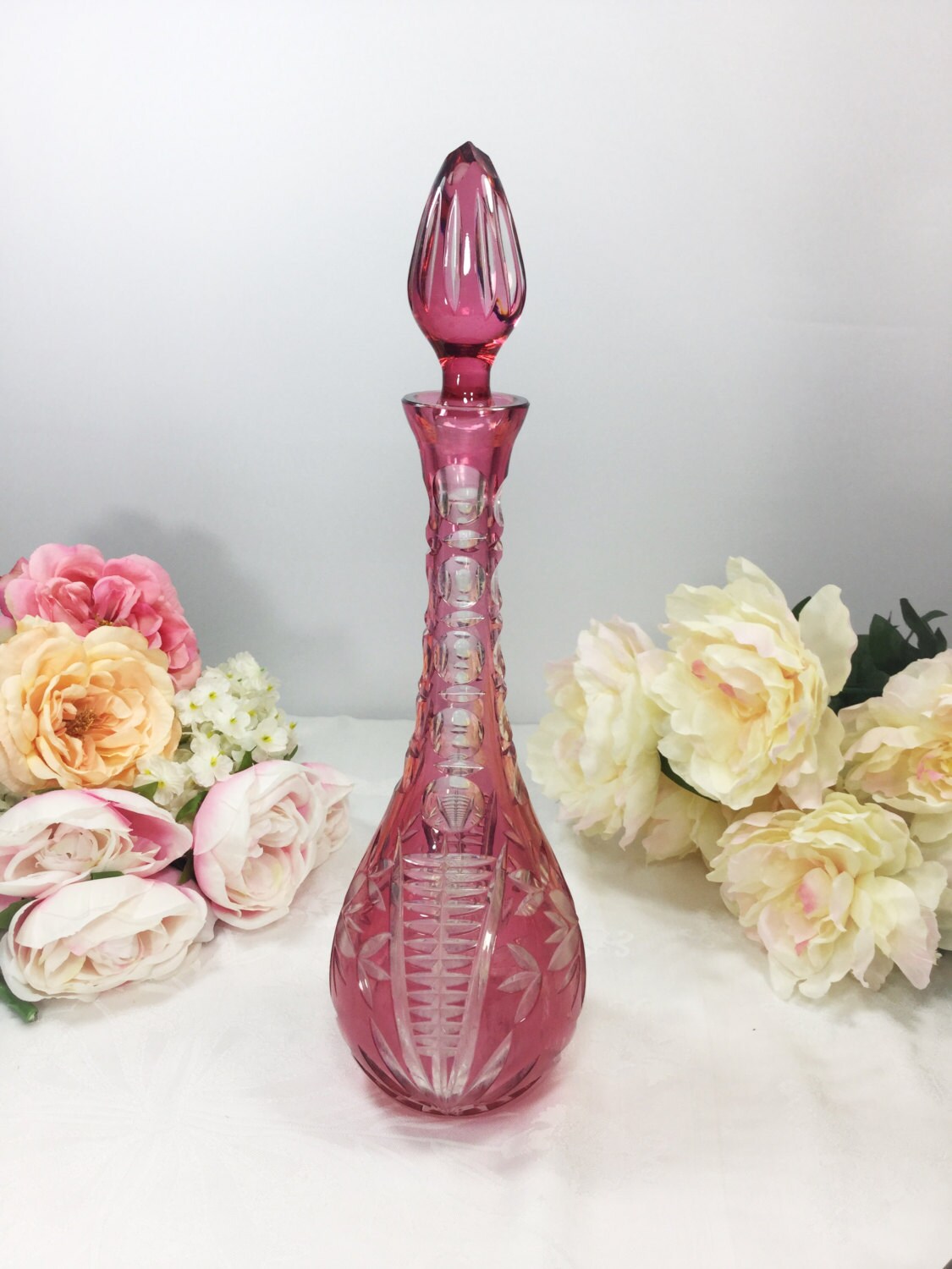 Enchanting Fine Pink Cranberry Crystal Decanter For Barware, Wedding