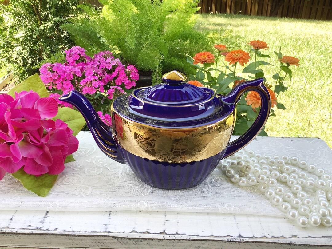 Cobalt Blue Hall Cobalt Blue English Teapot, Gold Floral Gilt Teapot