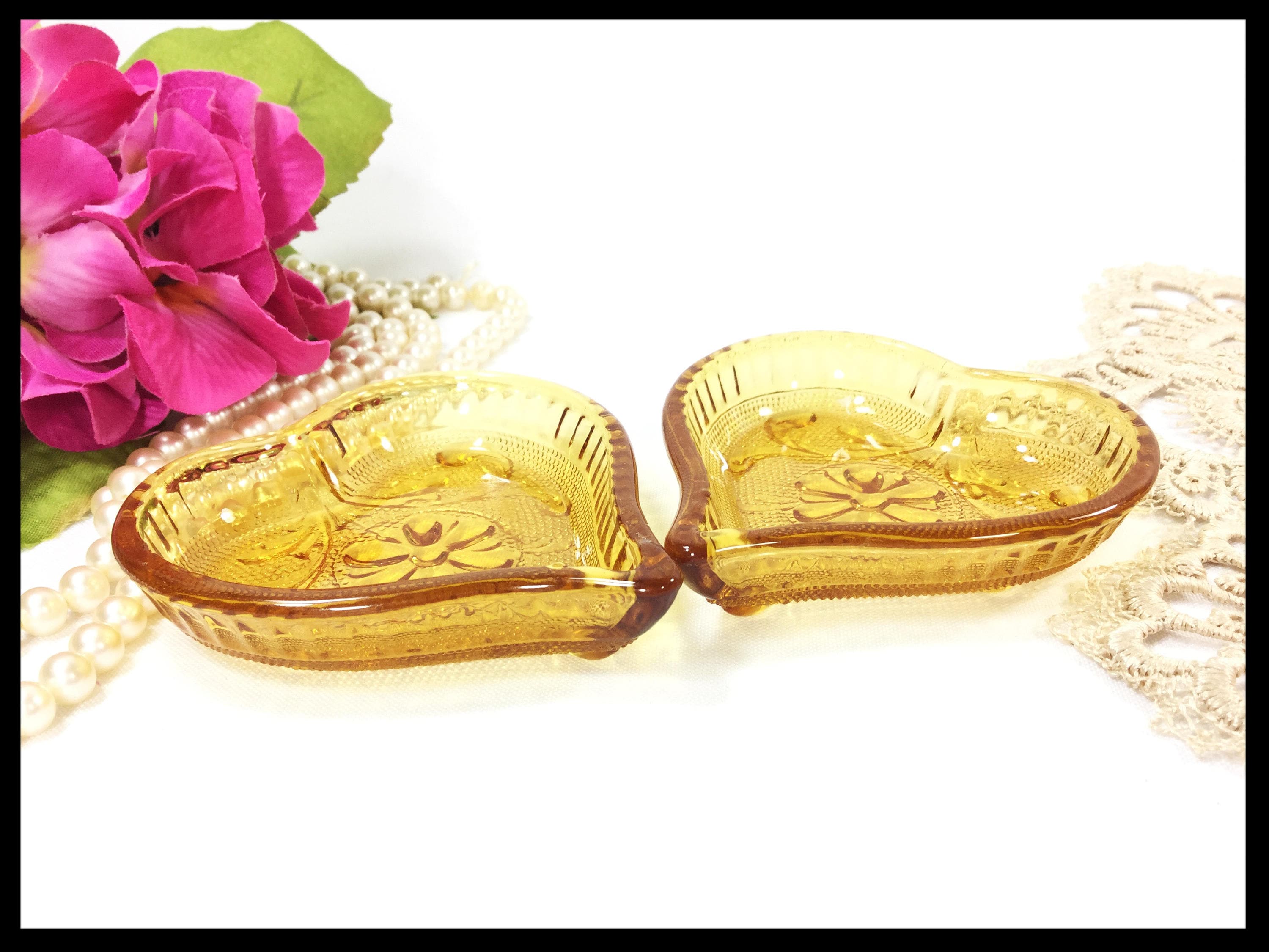 Set of 2 Amber Tiara Heart Shaped Dishes, Garish Dish, Amber Tiara Nut