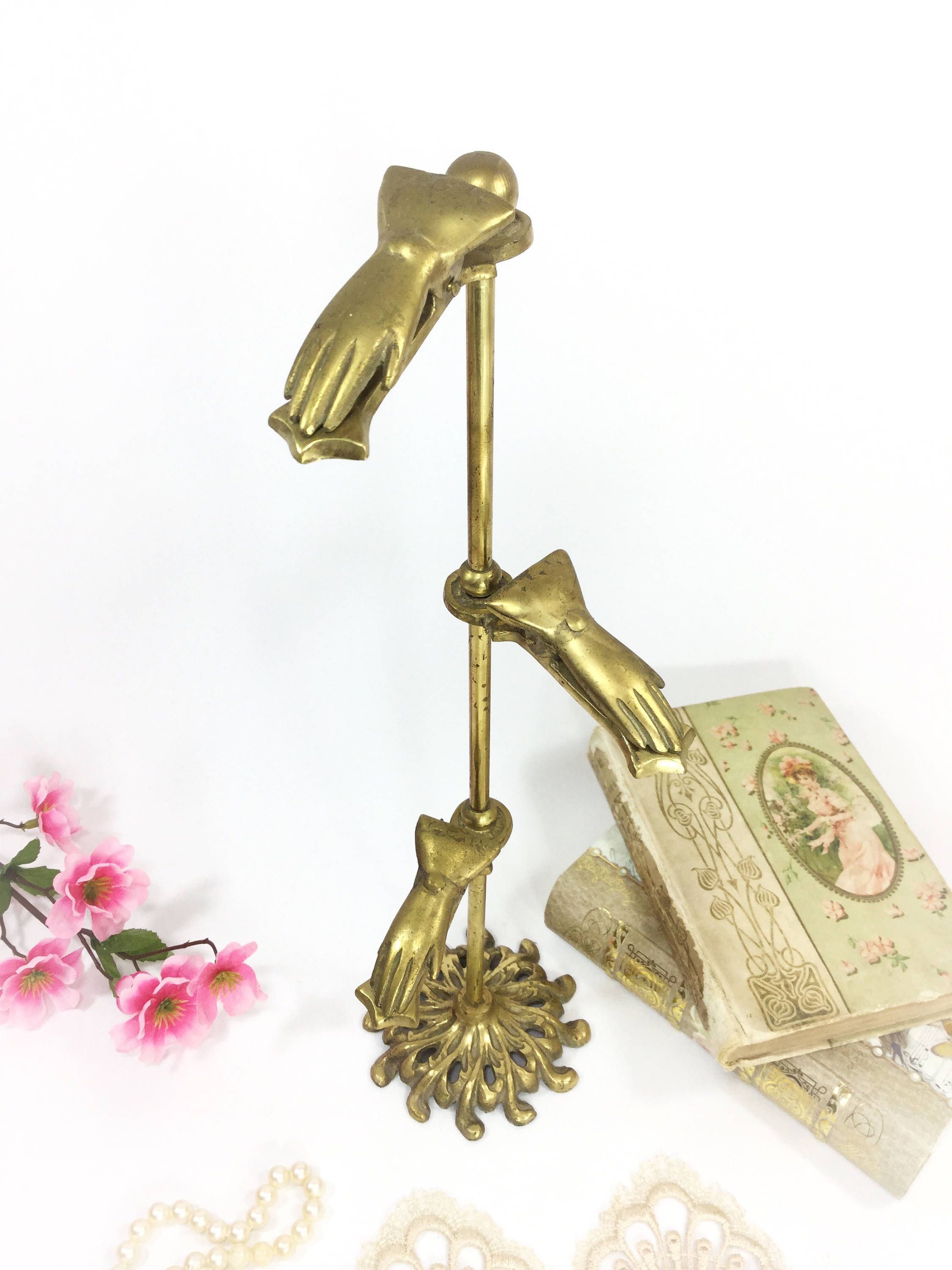 Vintage Victorian Brass 4 Hand Clip Stand, Business Card Holder