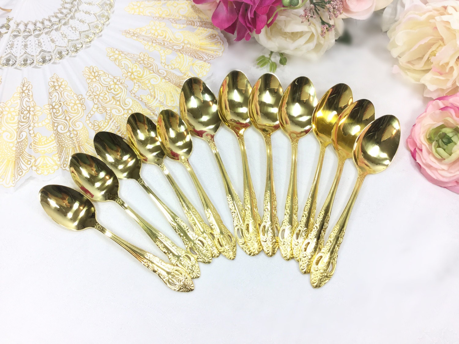 Set of 12 24K Gold Plated Spoons, 5 Gold Teaspoons, 7 Table Spoons