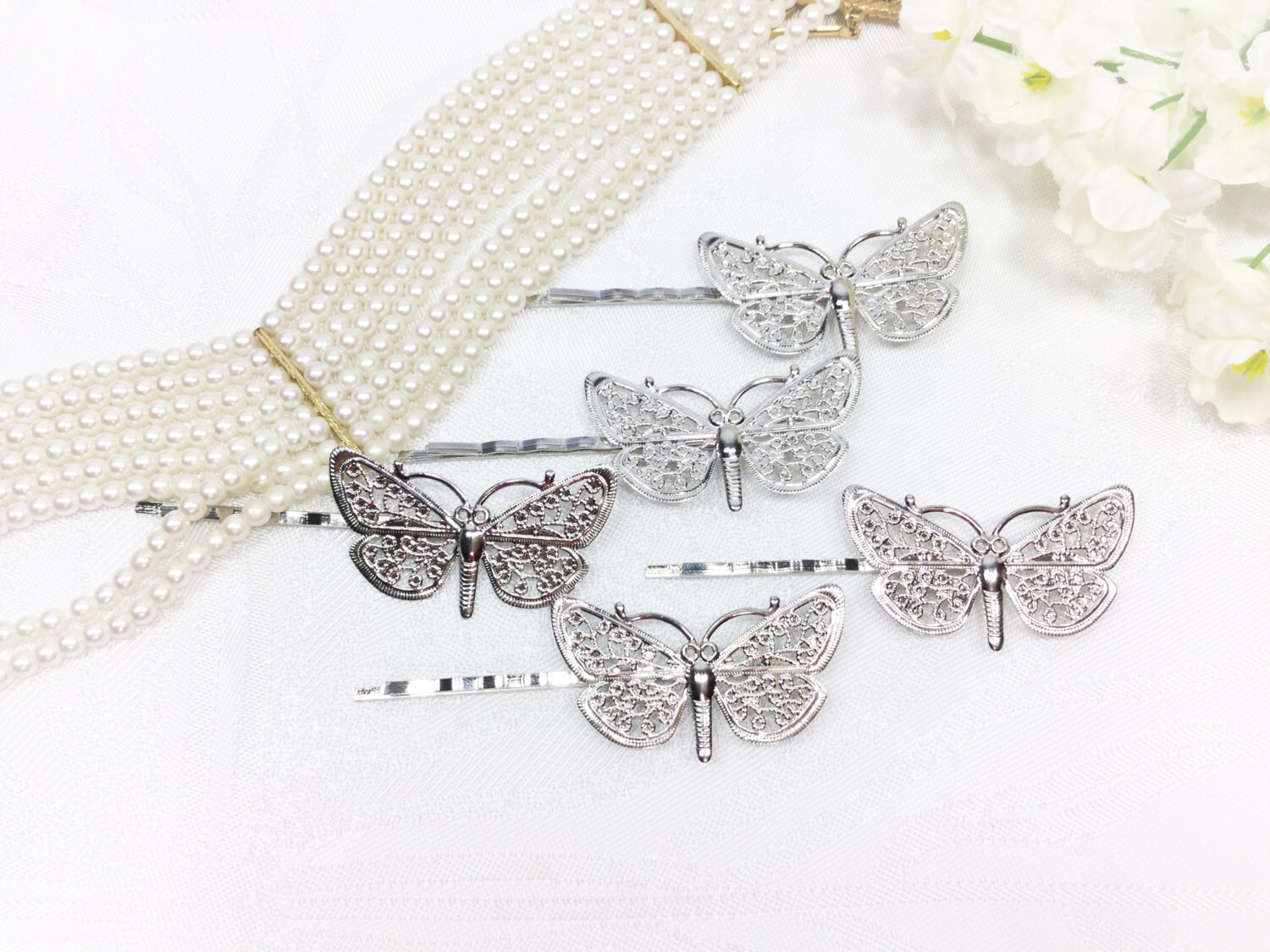 5 Pc. Silver Butterfly Hair Clips, Bobby Pins, Barrette, Vintage