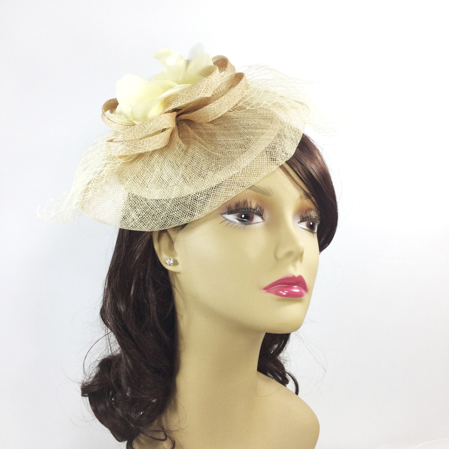 Champagne Fascinator, Ivory Head Band, Pillbox, Tea Hat, Champagne