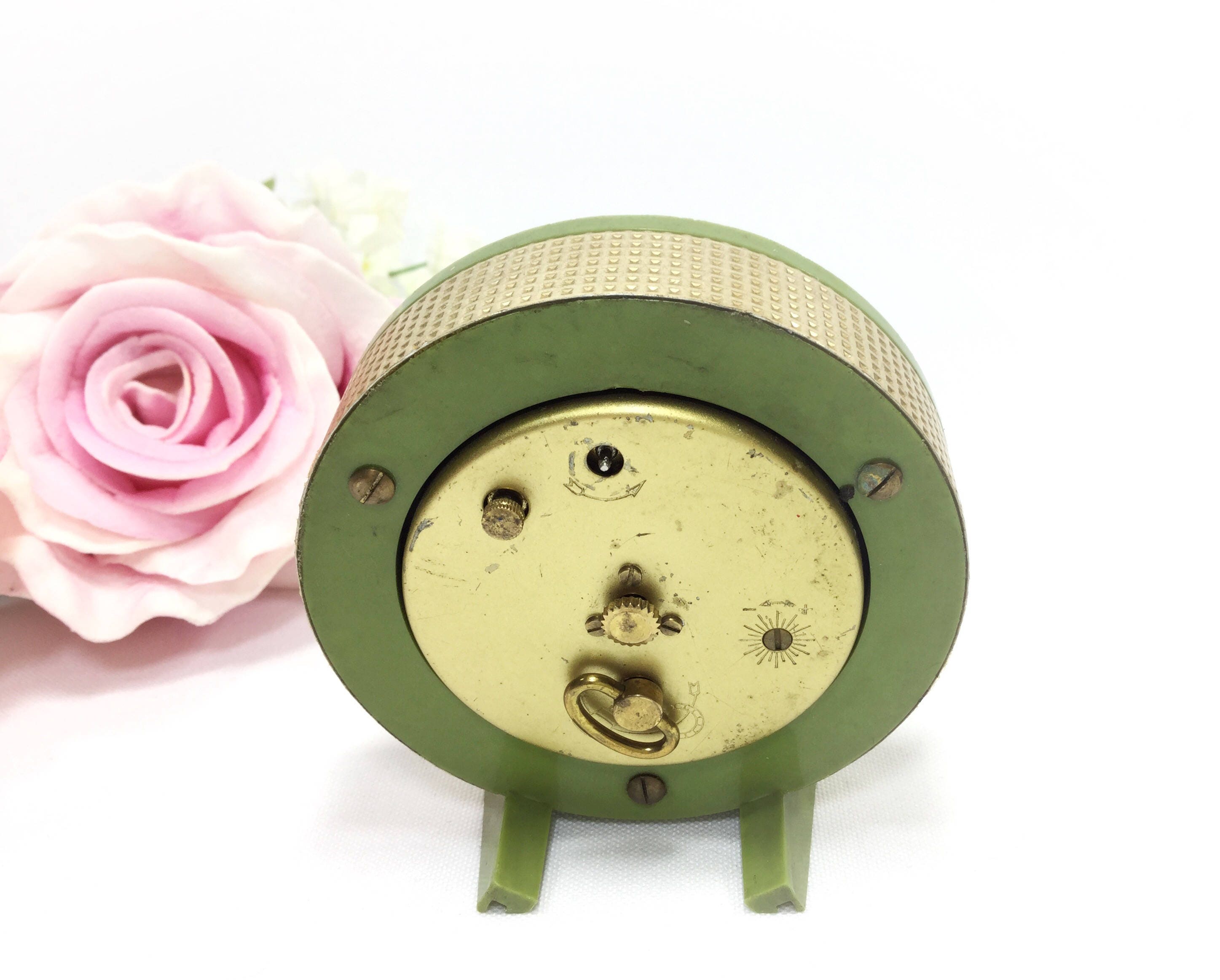 Vintage German Westclox Wind Up Clock, Green Retro Wind Up Clock, German Wind Up Alarm Clock A919