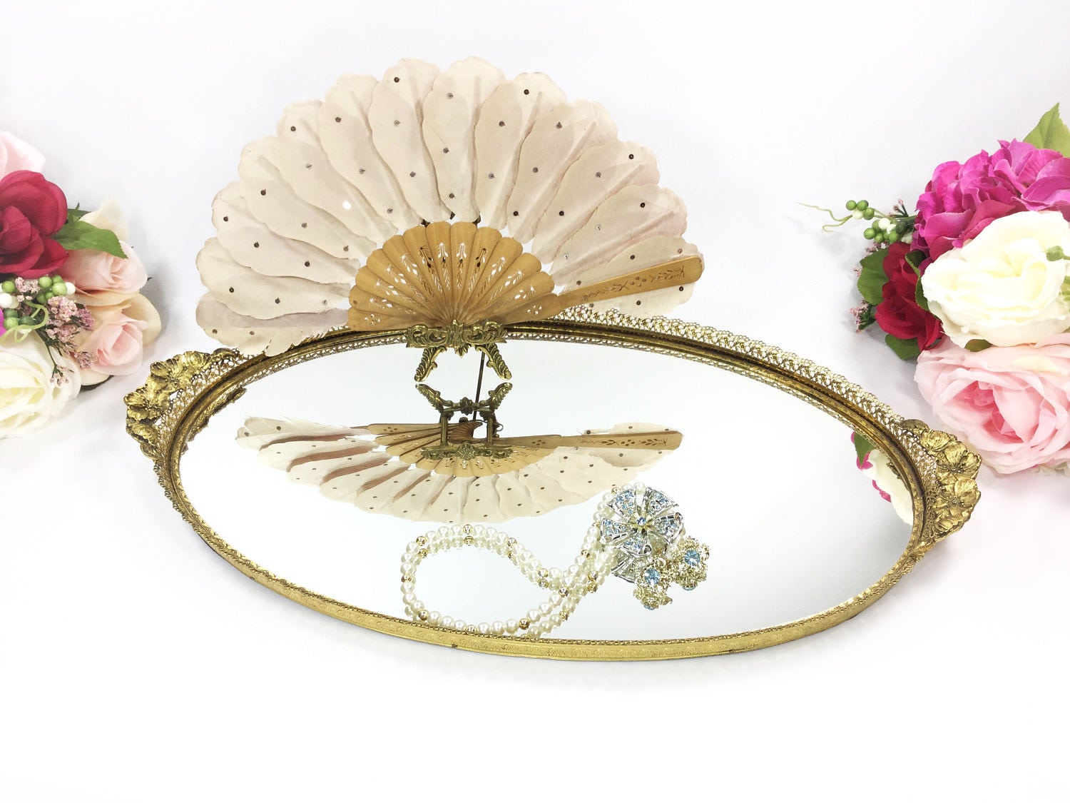 Gold Plated Ormolu Filigree Vanity Mirror Dresser Tray Gold