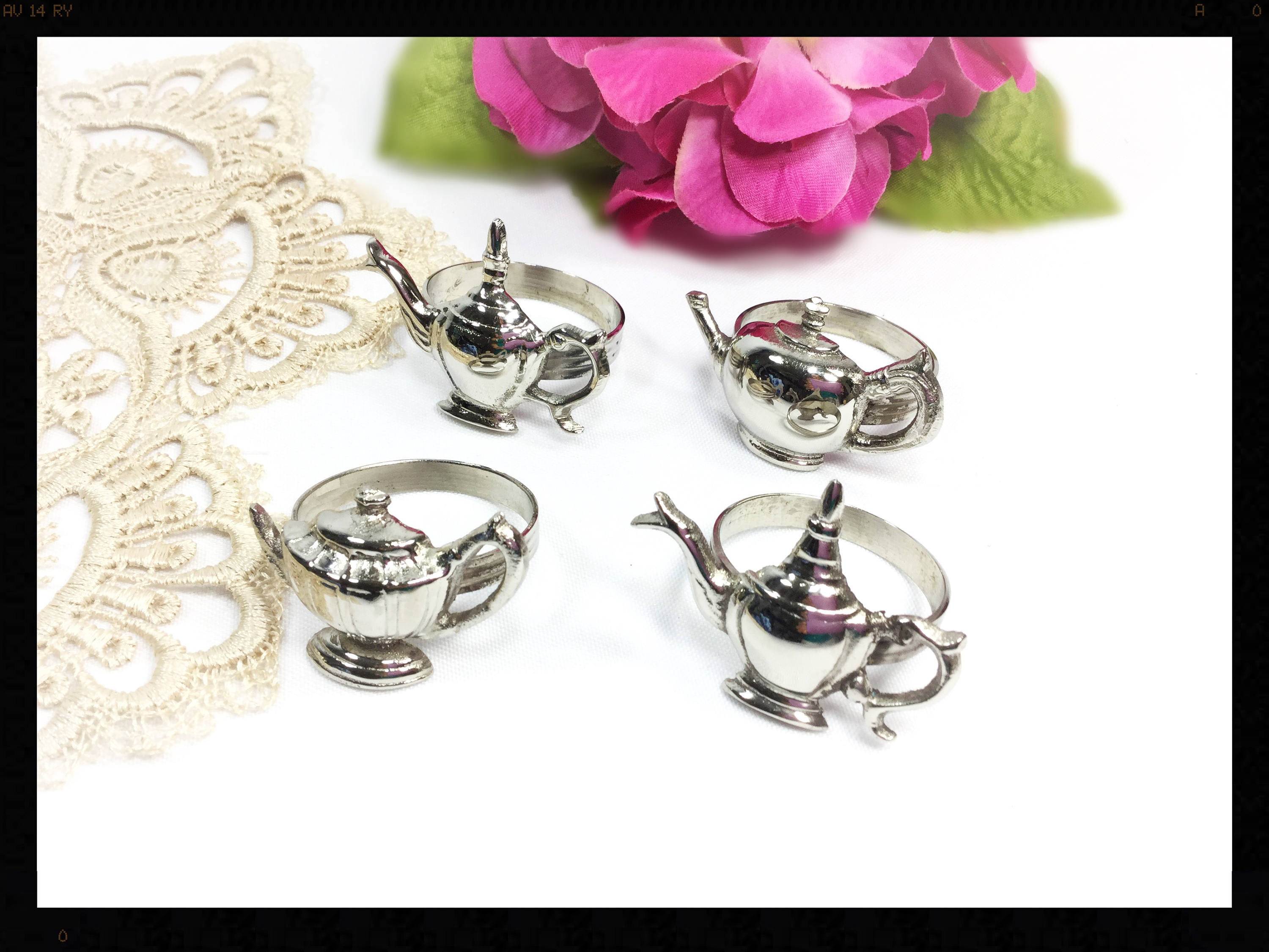 Silver Teapot Napkin Rings Set of 4, Tea Time Napkin Rings, Tea Party