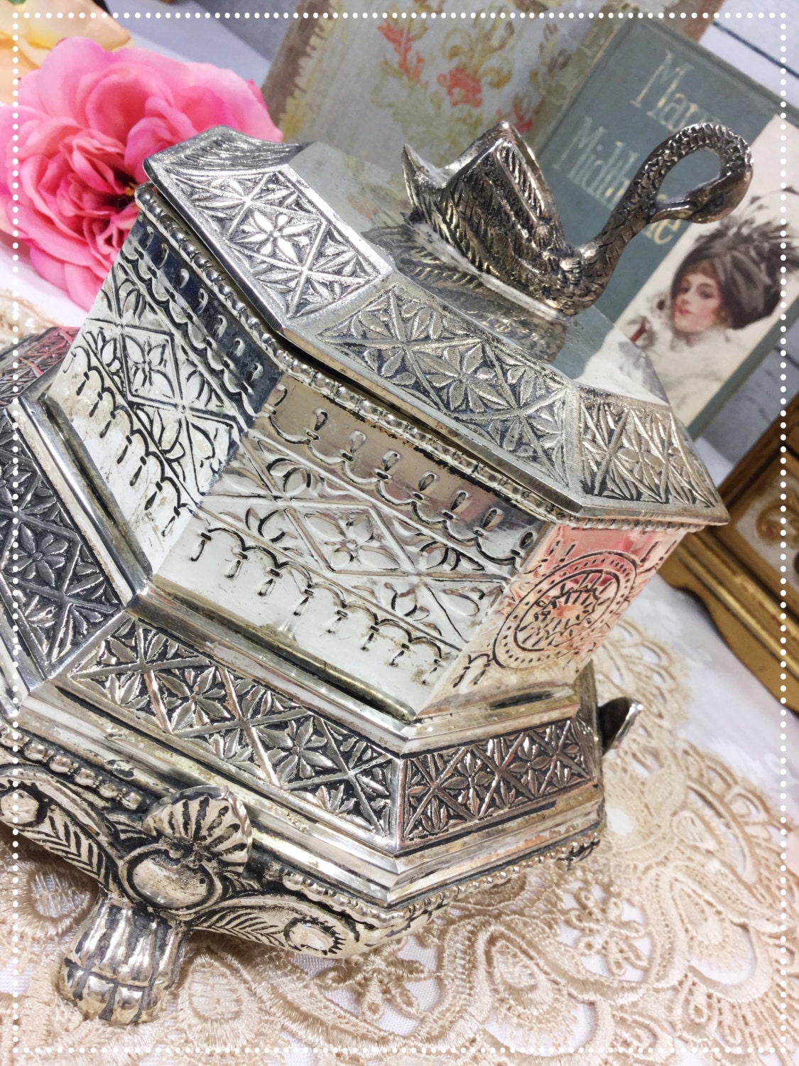 Ornate Antique Silver Plated Tea Caddy, Tea Box, Biscuit Box, Silver