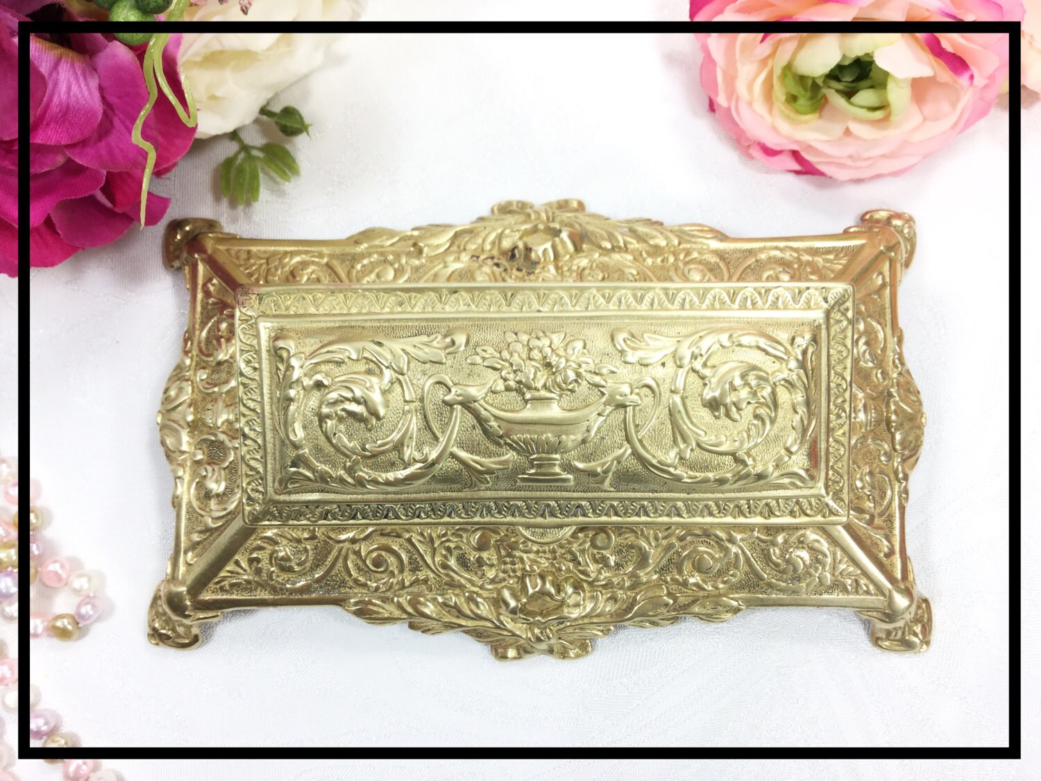 Ornate Brass Stamp Box, 5 Divided Sections Vintage Desk Accessory