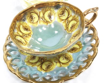 Lusterware Footed Cup & Reticulated Saucer, China Tea Set, for Wedding, Shower, Tea Time, Bridal, Tea Party, Gift #A234