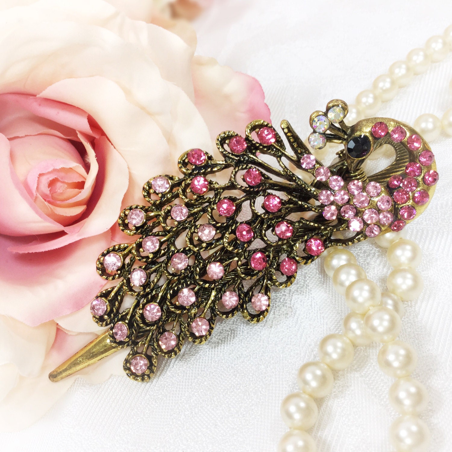 Antique Gold & Pink Rhinestone Peacock Hair Clip Rhinestones for
