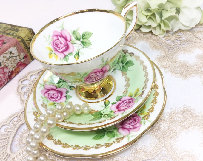 Clare Pink Rose Bone China Tea Trio, English Tea Cup Saucer Plate #B409