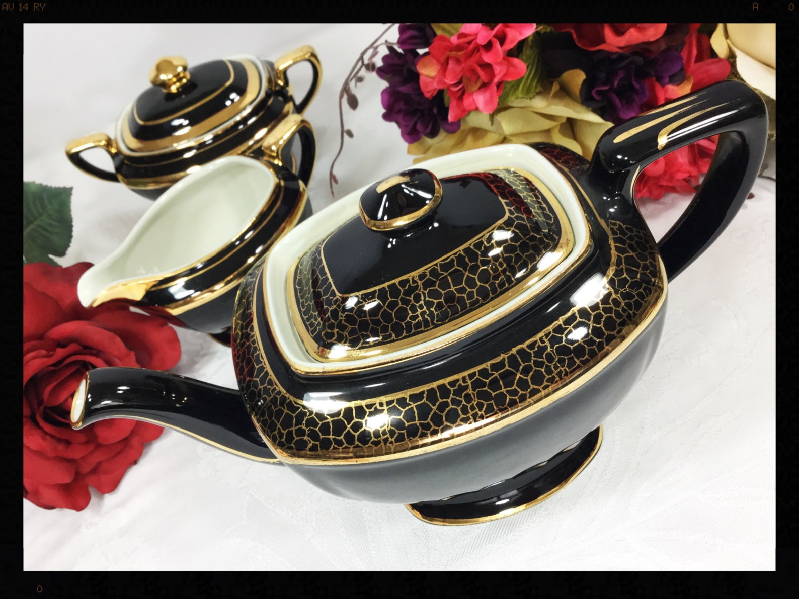 Elegant Vintage Black and Gold Hall Teapot Creamer & Covered Etsy
