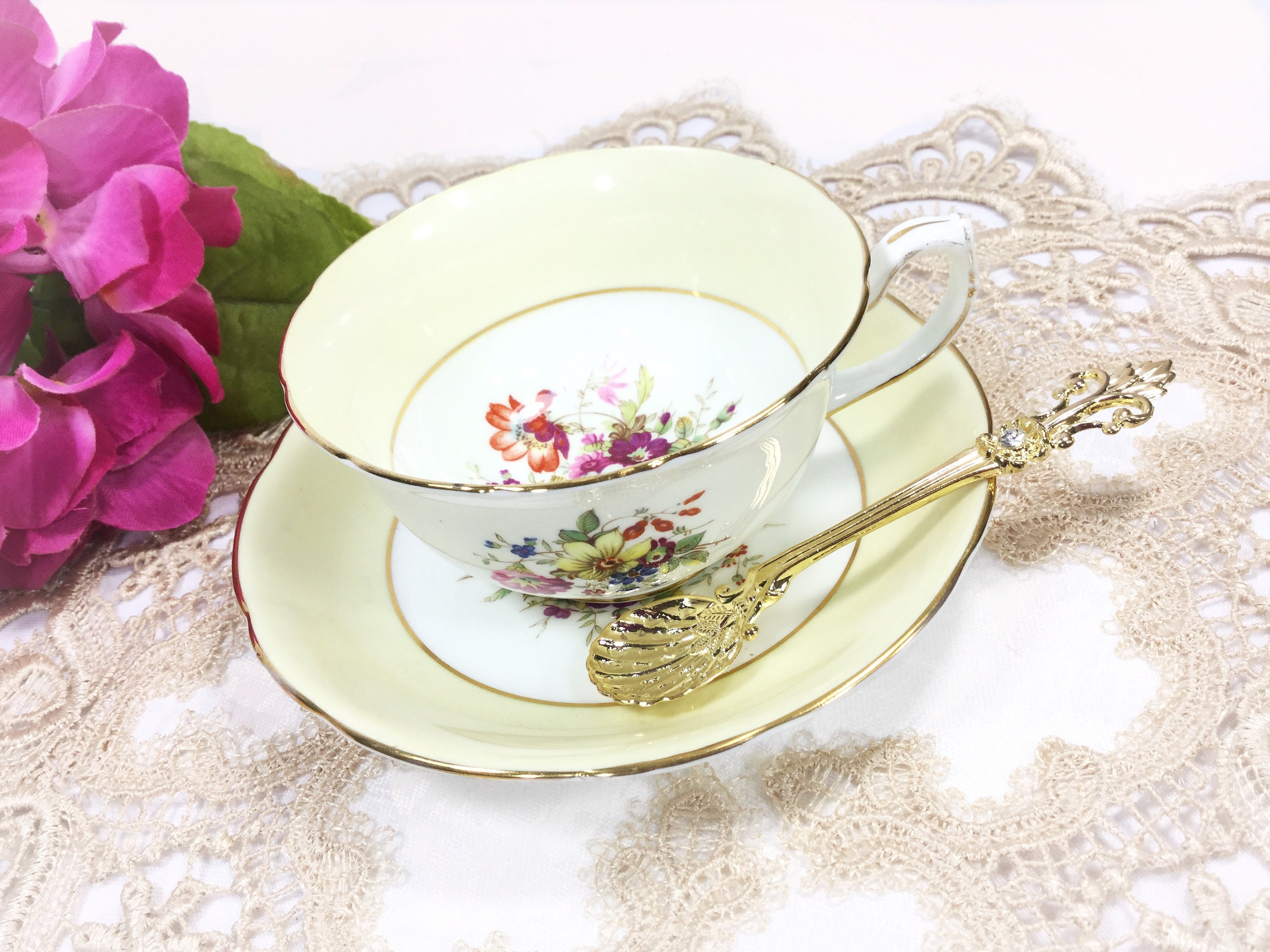 Hammersley Yellow Floral Tea Cup & Saucer, English Fine Bone China Tea