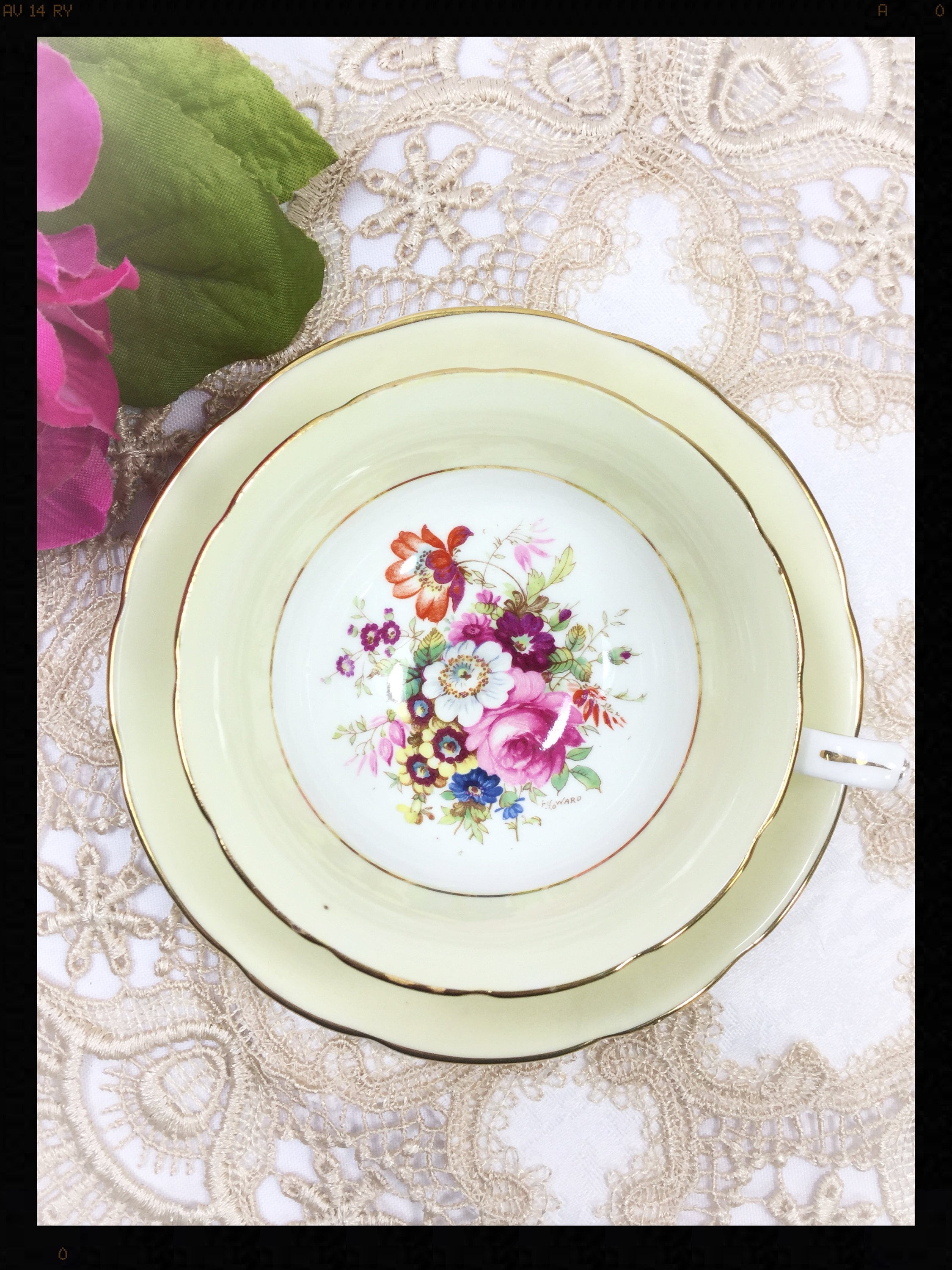 Hammersley Yellow Floral Tea Cup & Saucer, English Fine Bone China Tea