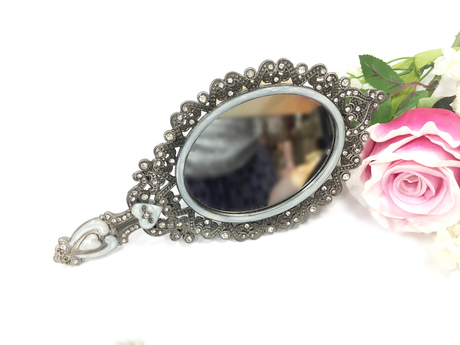 Glamourous Antique Silver Inspired Hand Mirror, Crystal Hand Mirror