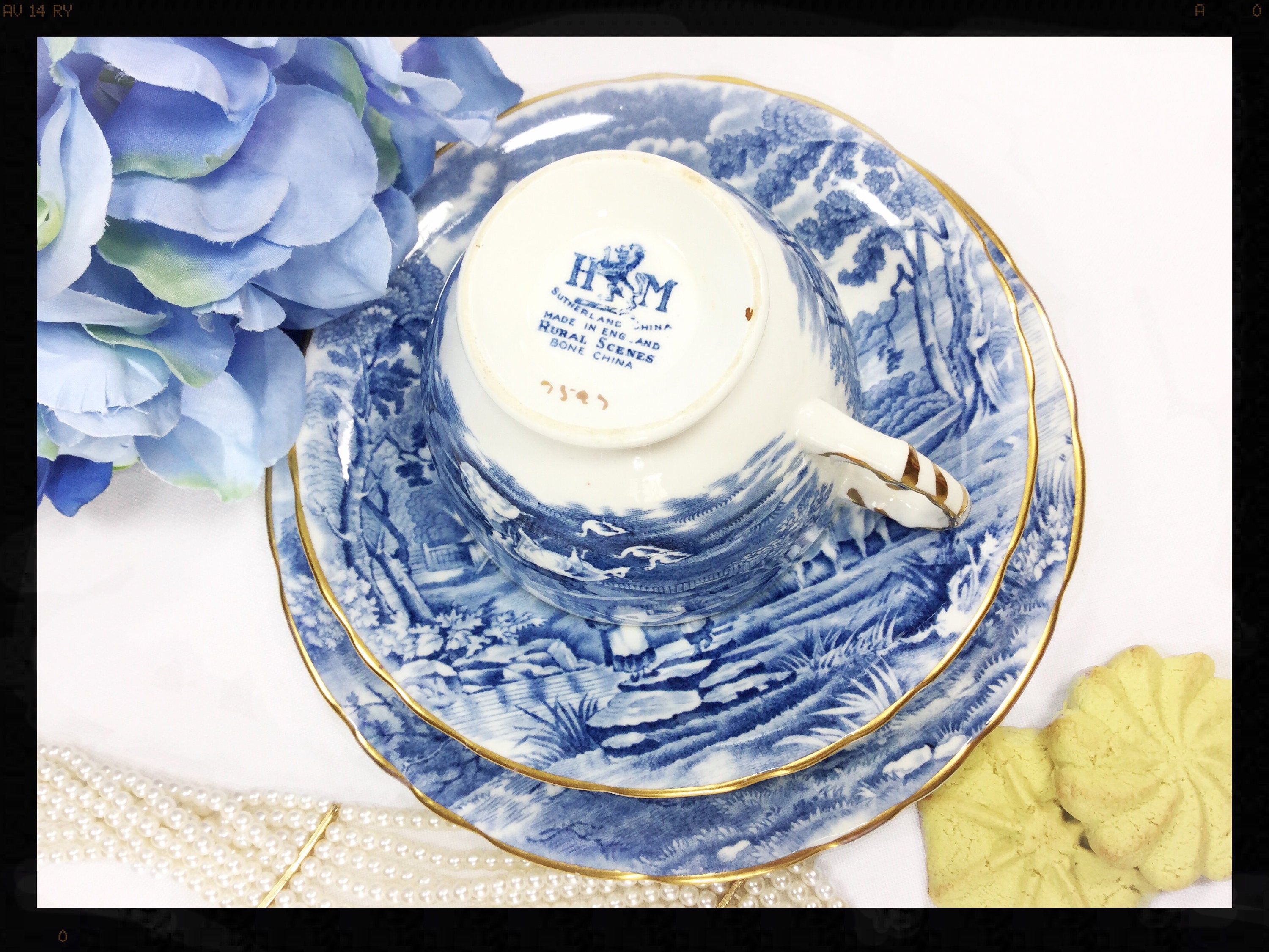 H & M Sutherland Scenic Rural Scenes Tea Trio, Blue and White Scenic