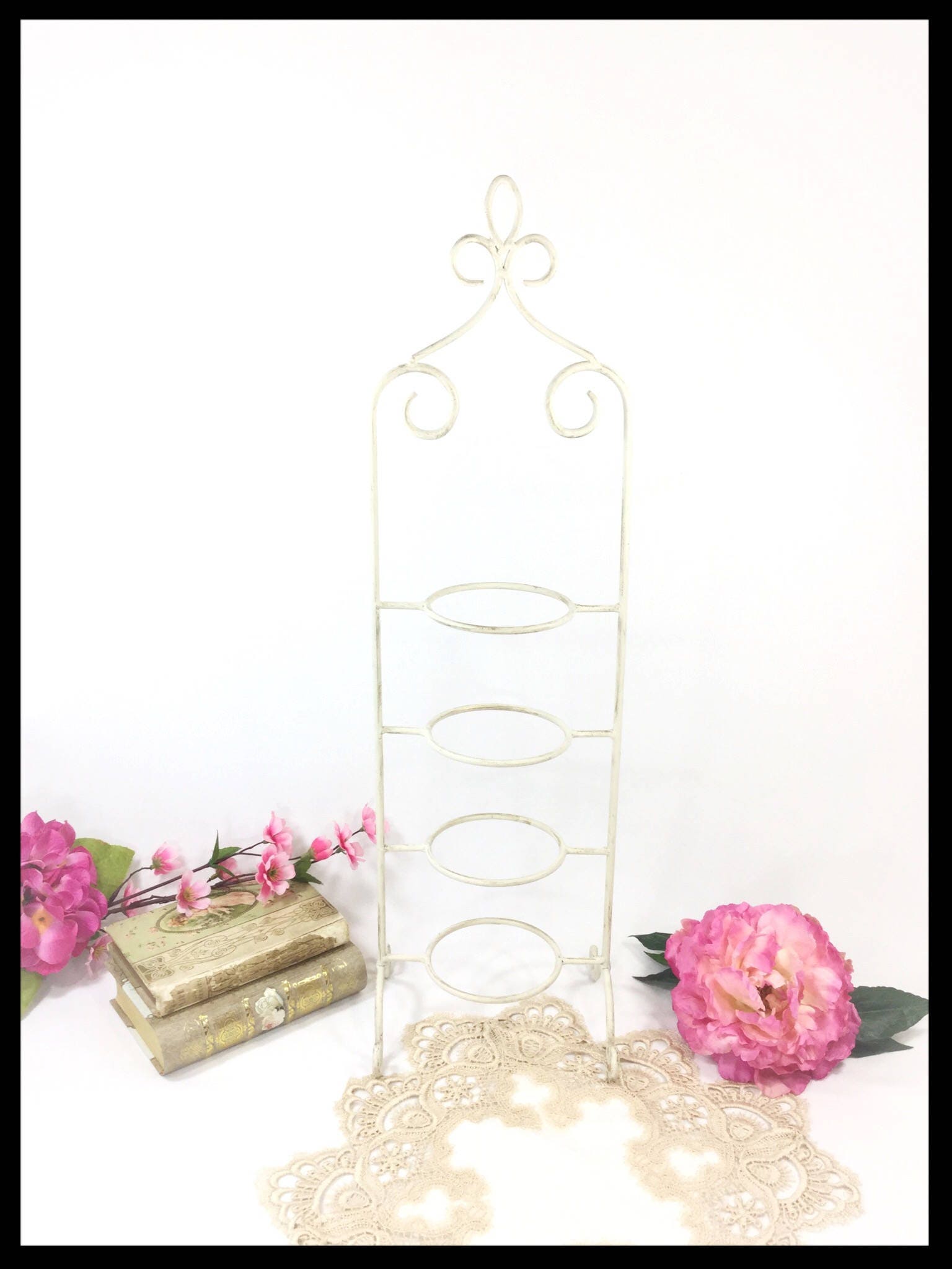 Antique White 4 Tier Metal Vintage Tea Cup and Saucer Display Stand