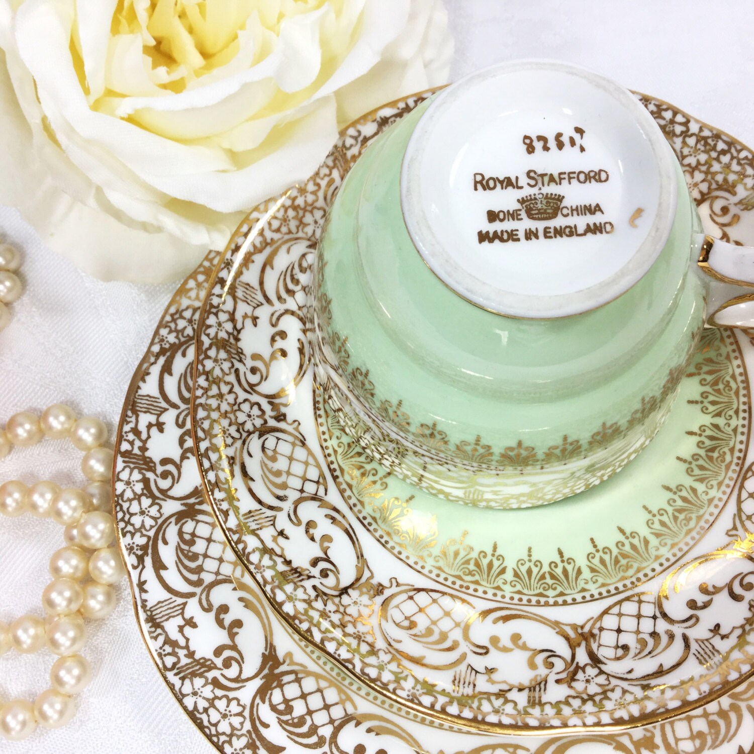 Mint Green Royal Stafford English Tea Trio, Gold Lace Bone China
