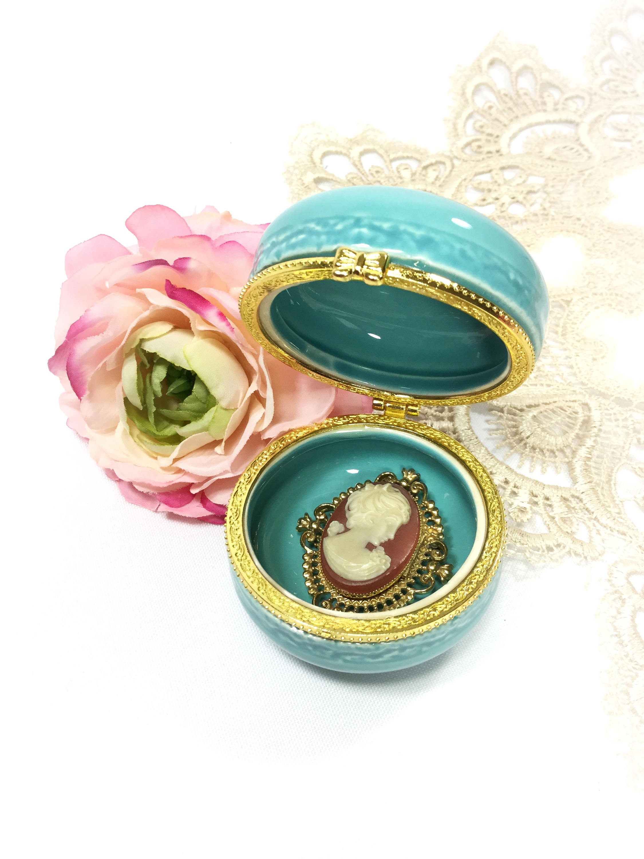 RESERVED SANDY. Blue & Gold Macaron Gift Box, Blue Macaron Jewelry Box