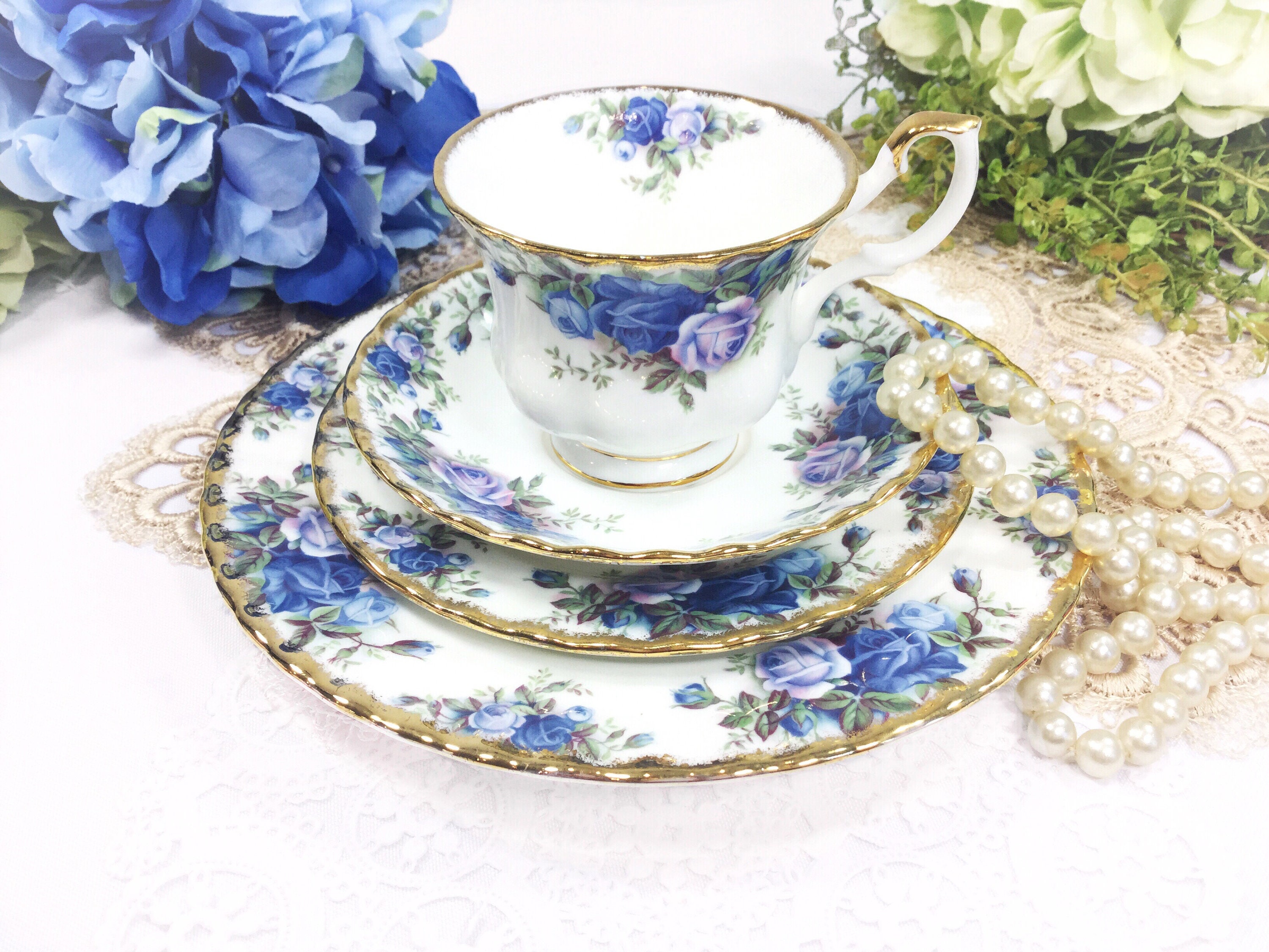Dazzling Rare Royal Albert Moonlight Rose 4 Piece Set, Blue Rose Tea
