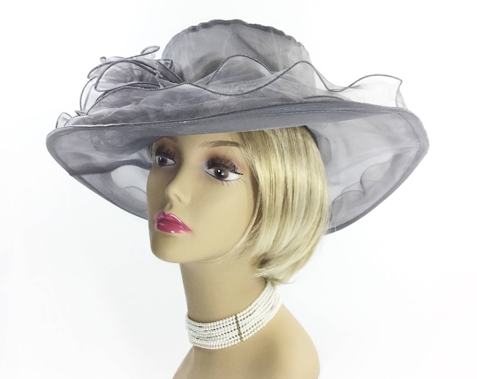 Sheer Grey Organza Tea Party Hat, Elegant Summer Occasion Accessory