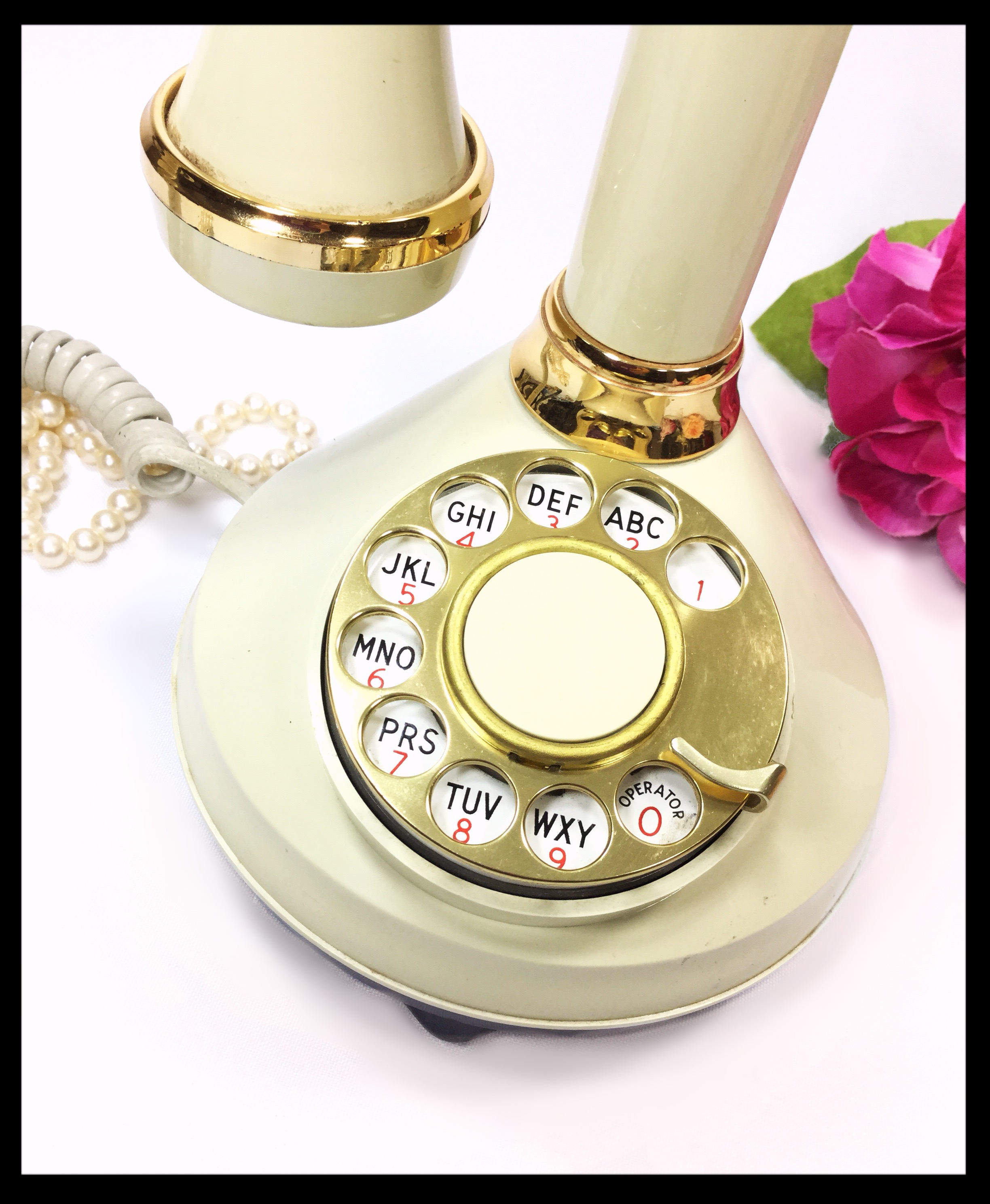 Antique Style Candlestick Telephone, Cream & Gold Candlestick Rotary Phone, Vintage Upright Desk