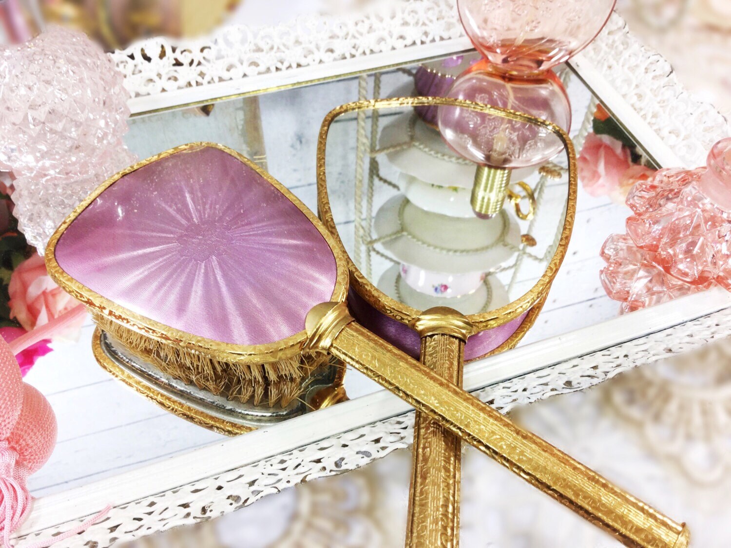 Vintage 2 Piece Pink Vanity Set, Pink Vanity Grooming Set, Pink Vanity