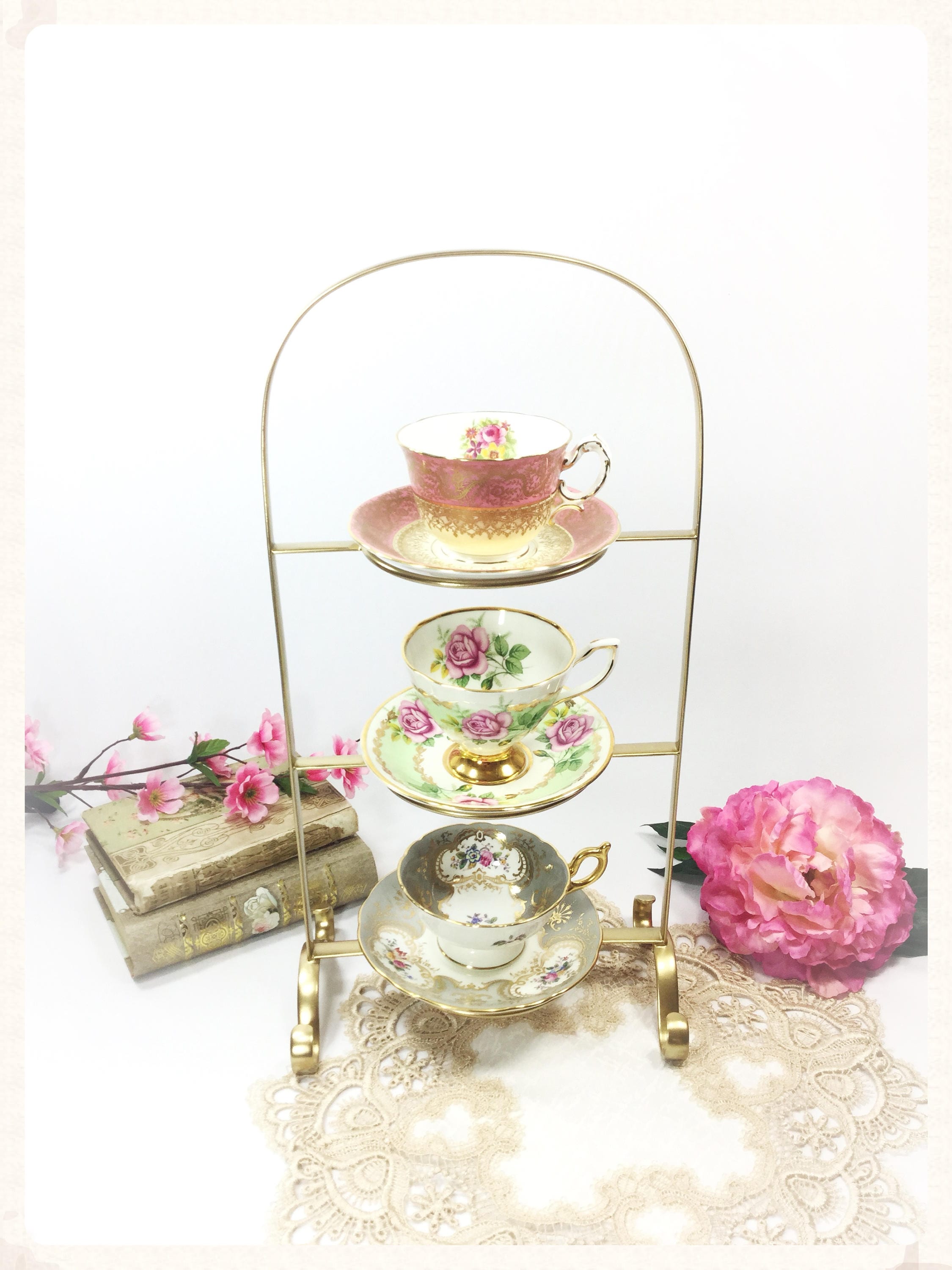 English Gold 3 Tier Gold Tea Cup Display Stand, Teacup Holder, Teacup