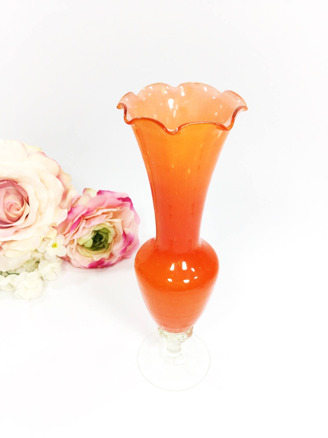 Hand Blown Orange Flower Vase Orange Bud Vase With Fluted Etsy
