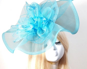 Large Aqua Blue Ladies Feather Large Sinamay Fascinator Hair Clip Headpiece #626